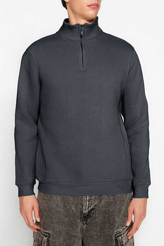 Antrasit Regular/Normal Kesim Dik Yaka Fermuarlı Sıcak Tutan Basic Sweatshirt TMNAW24SW00041 - 4