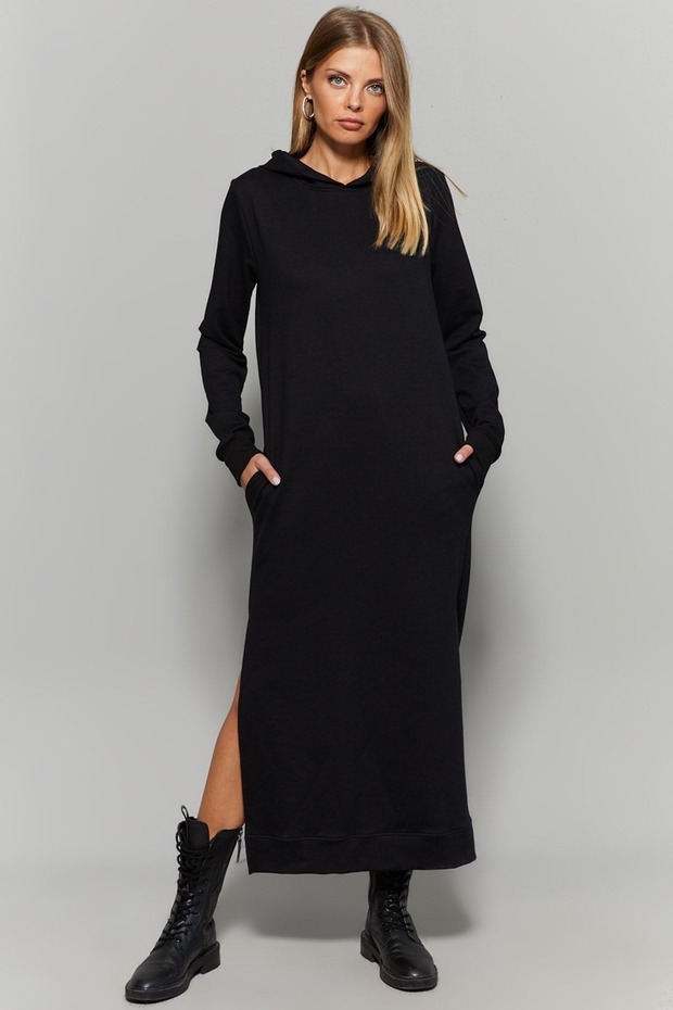 Black Double Slit Hooded Maxi Dress Mey1111