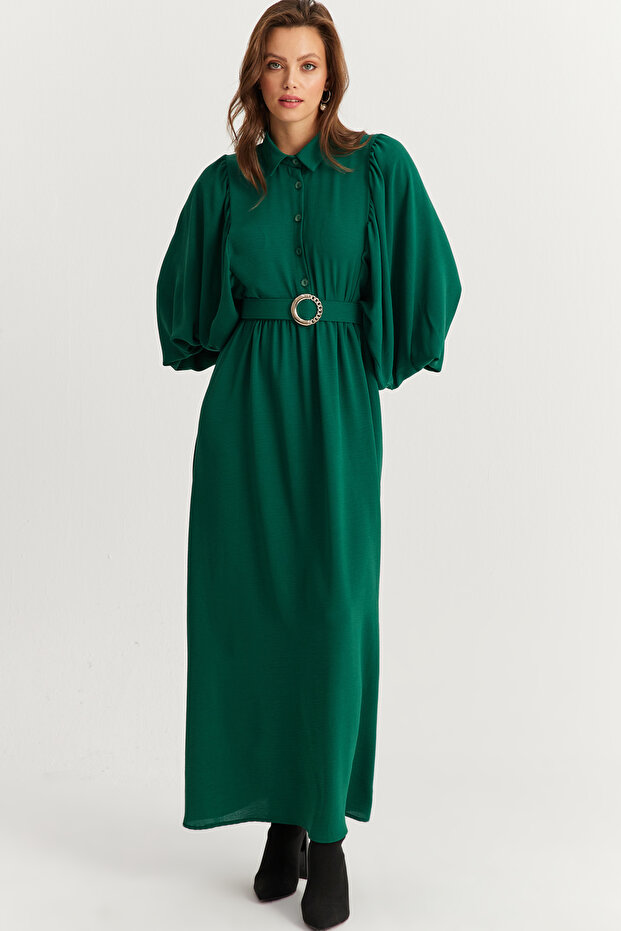 Women's Green Belted Maxi Dress Masf15