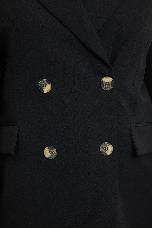 Siyah Oversize Astarlı Kruvaze Kapama Dokuma Blazer Ceket TWOAW21CE0145 - 5