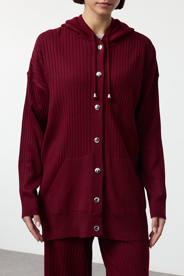 Bordo Kapüşonlu Oversize Triko Alt-Üst Takım TCTAW25US00022 - 3