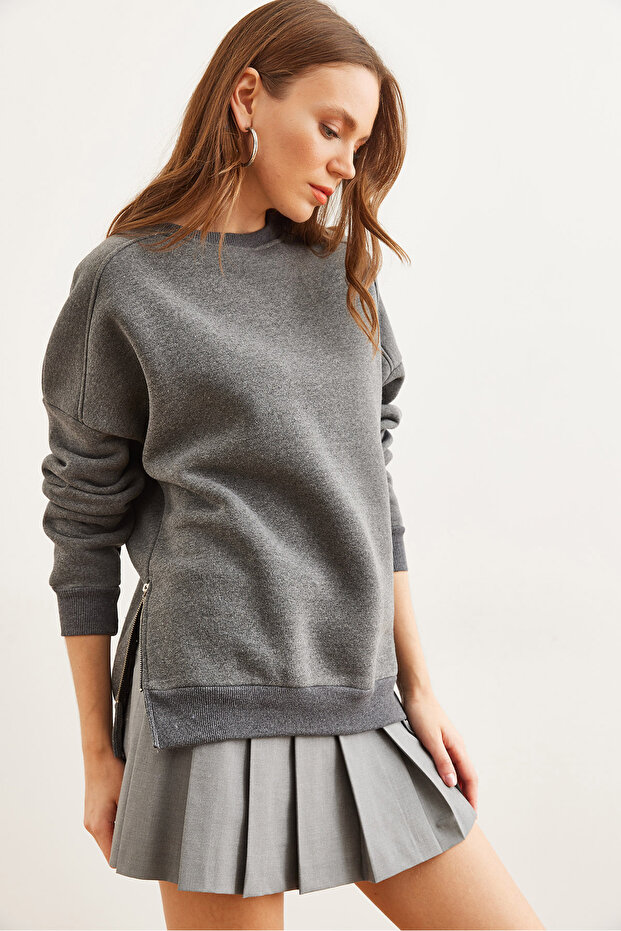 Women's Anthracite Thick Sweatshirt with Side Zipper Detail and Fleece Inside Swt- 19000624