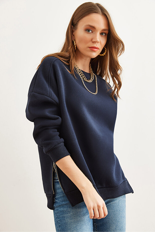 Women's Navy Blue Thick Sweatshirt with Side Zipper Detail and Fleece Inside Swt- 19000624