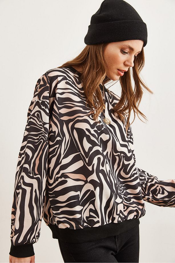 Kadın Zebra Bej Basic Yumuşak Dokulu Salaş Sweatshirt SWT-19000457 - 3