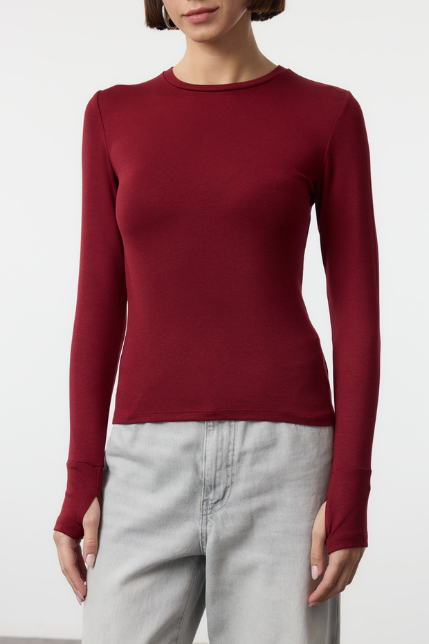 Bordo Viskon/Yumuşak Kumaşlı Parmak Geçme Detaylı Esnek Örme Bluz TWOAW25BZ00014 - 4