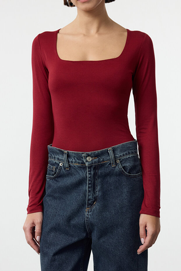 Bordo Fitted/Vücuda Oturan Kare Yaka Alttan Çıtçıtlı Örme Body TWOAW24BD00062 - 4