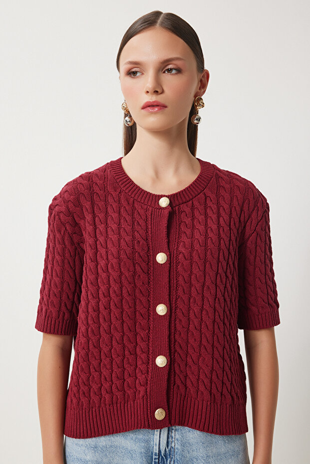 Women's Burgundy Crew Neck Hair Braided Knitwear Cardigan Us00946 - 4