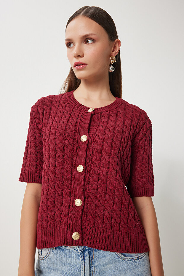 Women's Burgundy Crew Neck Hair Braided Knitwear Cardigan Us00946 - 2