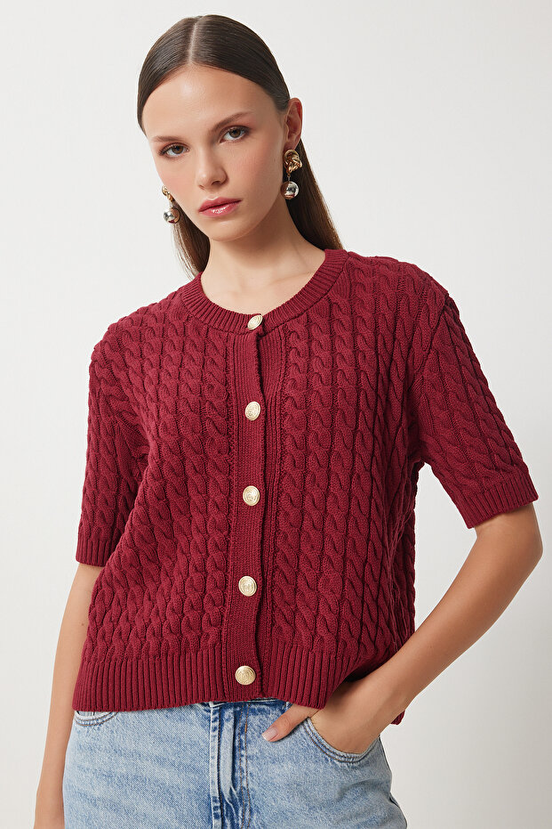 Women's Burgundy Crew Neck Hair Braided Knitwear Cardigan Us00946 - 3