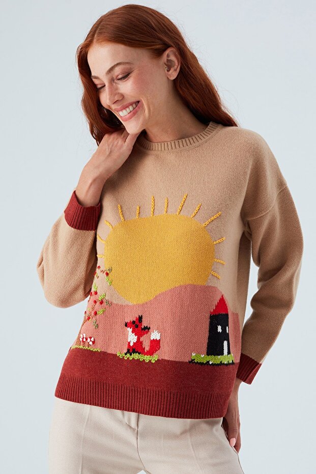 Sunny Pullover El Işlemeli Desenli Kadın Triko Kazak - Bej/kahve - 6