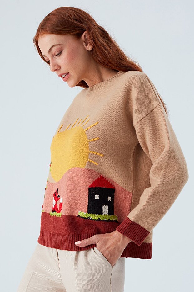 Sunny Pullover El Işlemeli Desenli Kadın Triko Kazak - Bej/kahve - 7