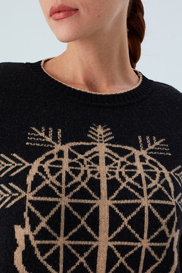 Amarıs Pullover Jakarlı Yünlü Uzun Kadın Triko Kazak - Siyah - 6