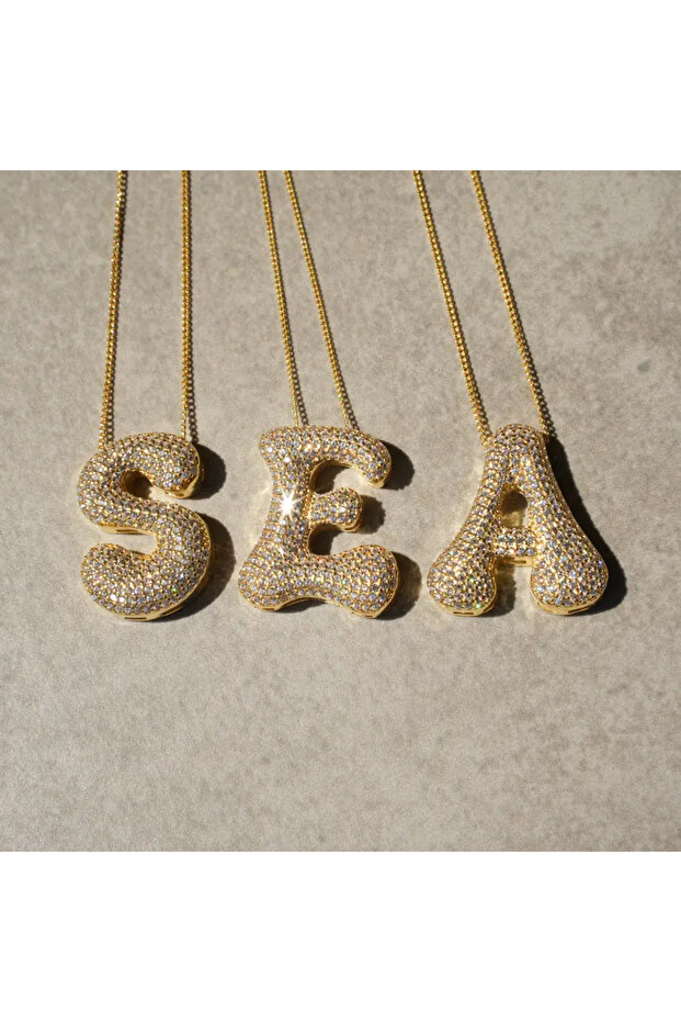 Mega Taşlı Baş Harf Gold Kolye - 3
