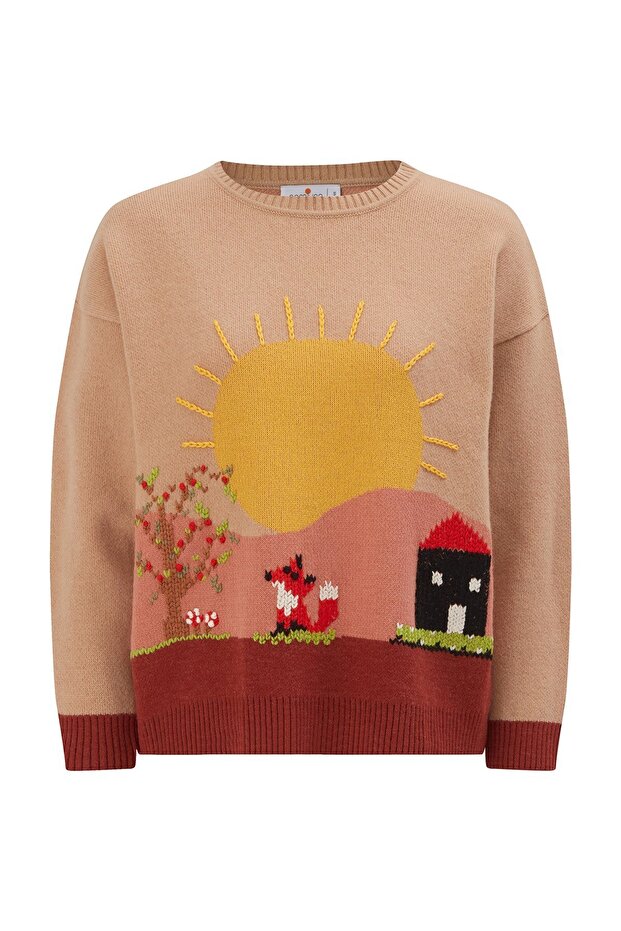 Sunny Pullover El Işlemeli Desenli Kadın Triko Kazak - Bej/kahve - 9