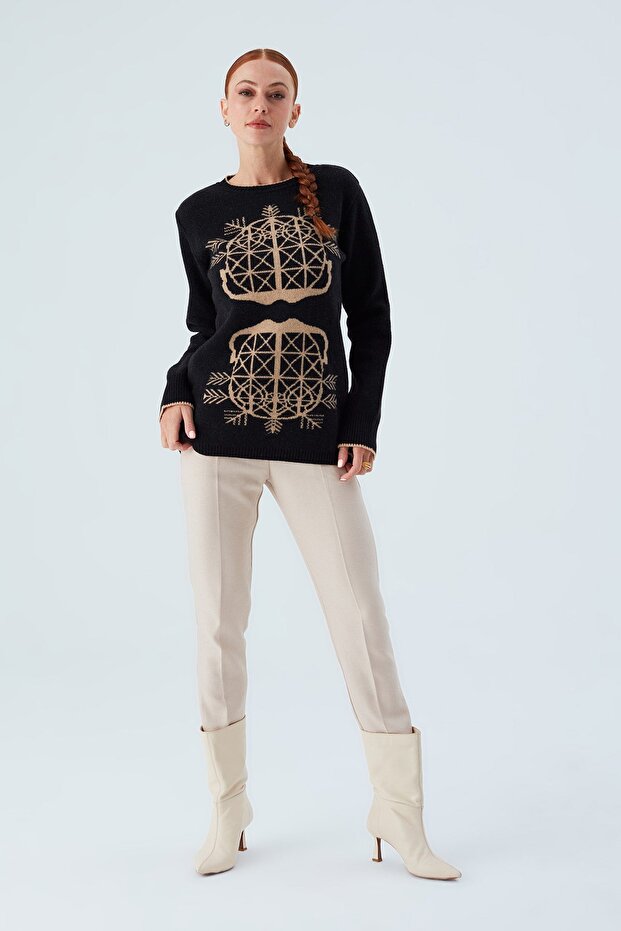 Amarıs Pullover Jakarlı Yünlü Uzun Kadın Triko Kazak - Siyah - 1