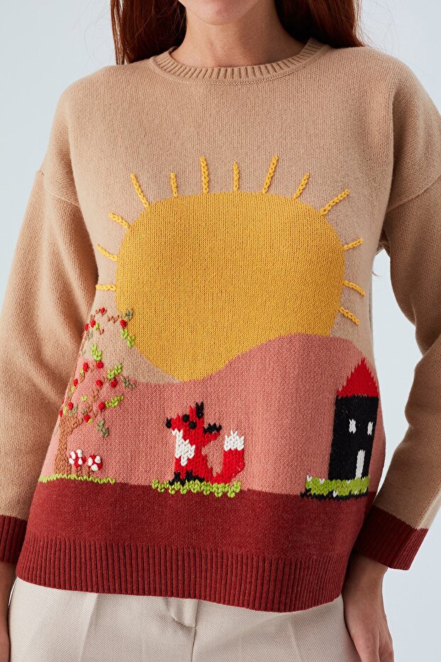 Sunny Pullover El Işlemeli Desenli Kadın Triko Kazak - Bej/kahve - 5