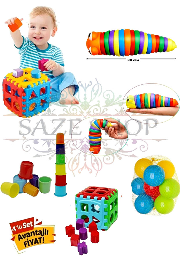 SAZE Esnek Tırtıl + Bultak 14 parça +Sevimli Kule 6 + 10 ADET HAVUZ TOPU HEDİYEMİZDİR GELİŞİM SETİ 4 LÜ