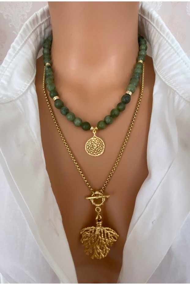 (2 Necklace) Gold Plated Natural Stone Green Jade Stone Steel Chain Gold Tree Women's Pendant