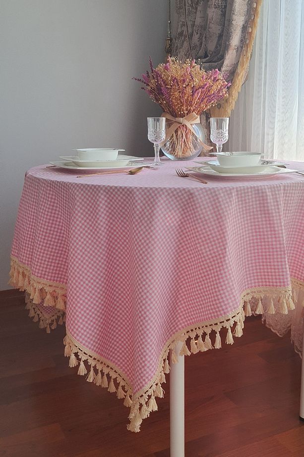 pembe kare desen pötikareli masa örtüsü, sofra bezi ,piknik örtüsü - 1