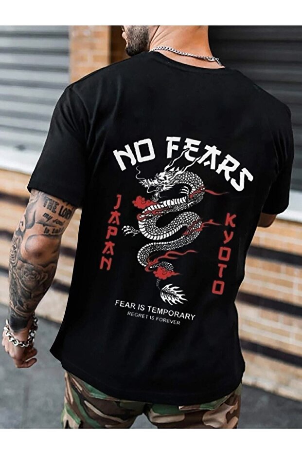 Unisex Printed Black T-shirt No Fears Dragon