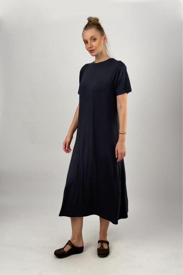 Women's Short Sleeve Viscose Midi Length Crew Neck Dress Smoked