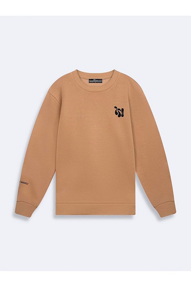 Sloganlı Sıfır Yaka Uzun Kollu Regular Fit Camel Sweatshırt - 1