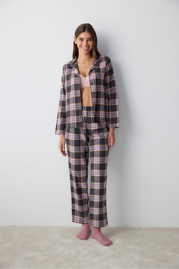 Pamuklu Halie Checked Antrasit Gömlek Pantolon Pijama Takımı - 2