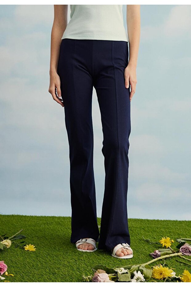 Women's Navy Blue Striped Spanish Leg Trousers