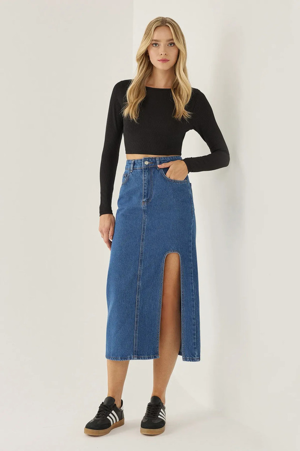 Yırtmaçlı Denim Midi Etek - 4