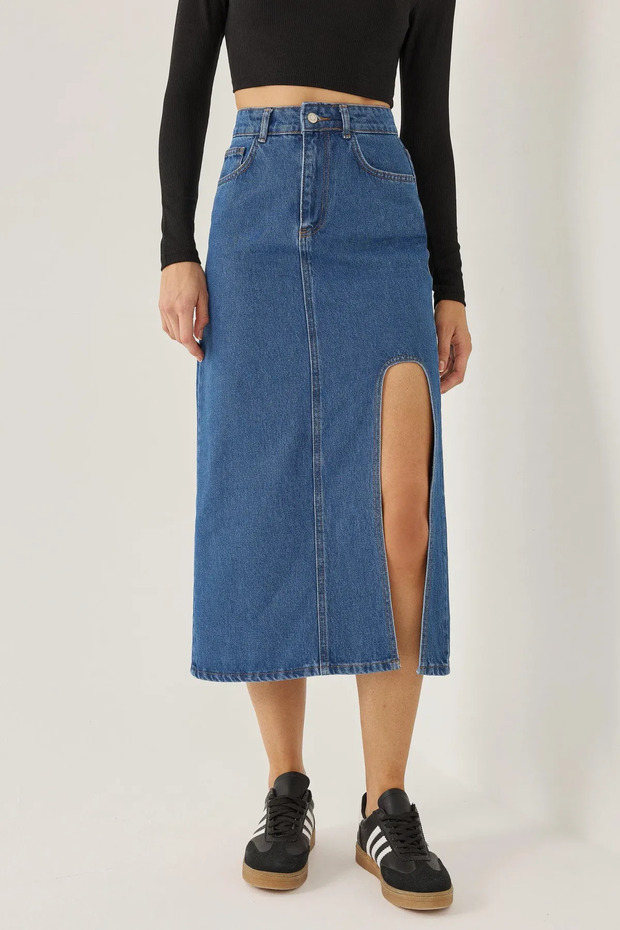 Yırtmaçlı Denim Midi Etek - 5