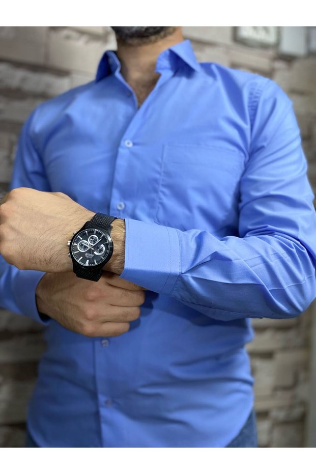 Dacron Pocket Classic Wide Cut Long Sleeve Tie Collar Shirt