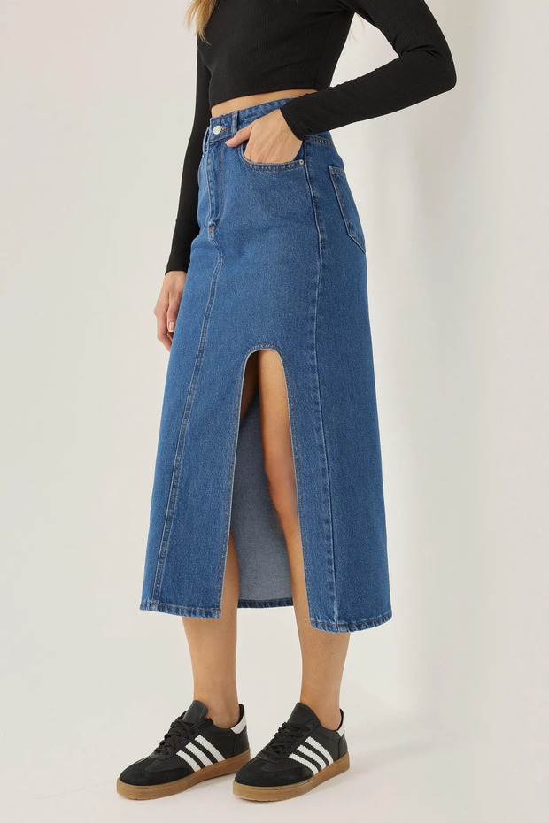 Yırtmaçlı Denim Midi Etek - 6