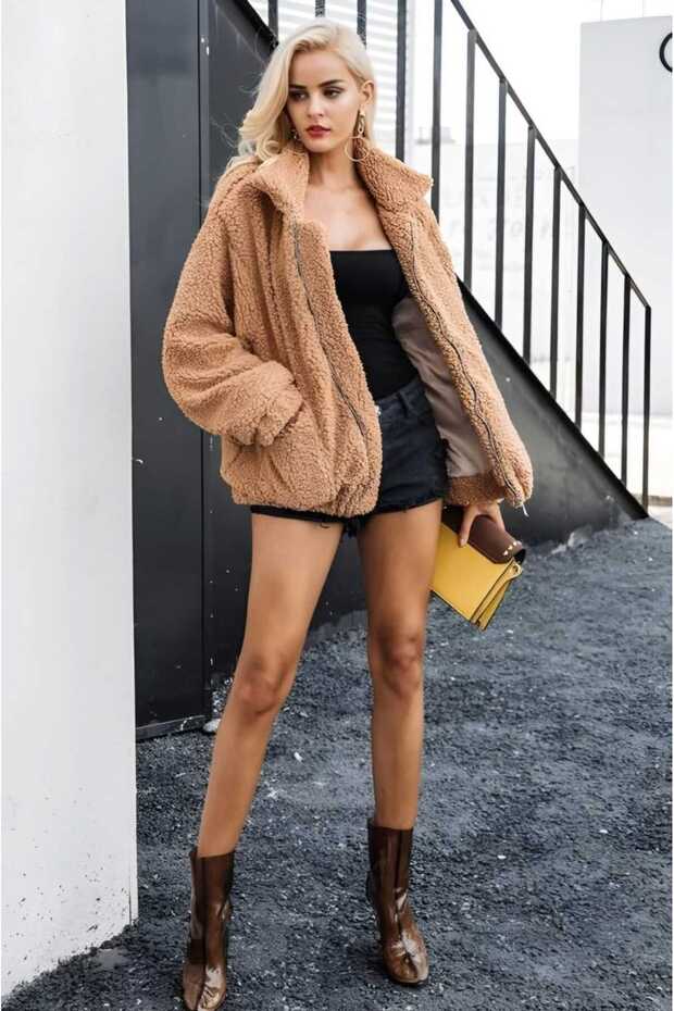 Plush Double Pocket Zippered Coat