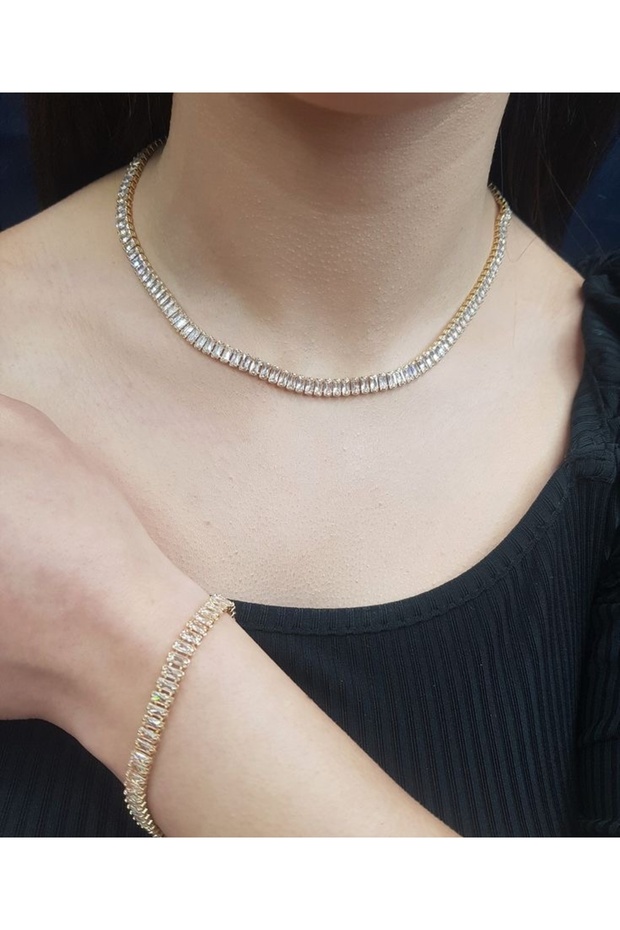 Gold Waterway Necklace Bracelet Set (Zircon Baguette Stone Necklace Bracelet Set of 2)