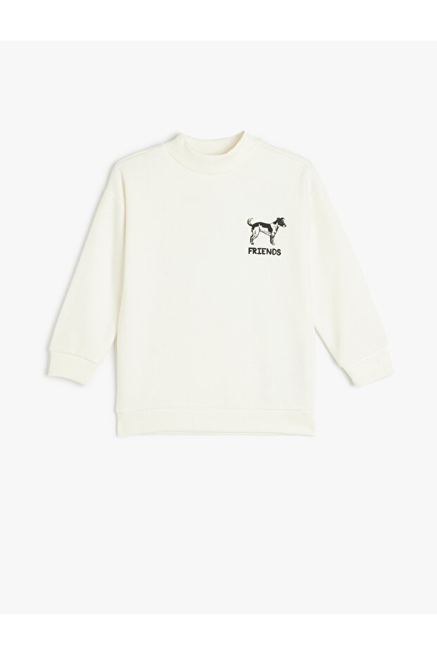 Sweatshirt with Half Turtleneck and Dog Print Textured Design