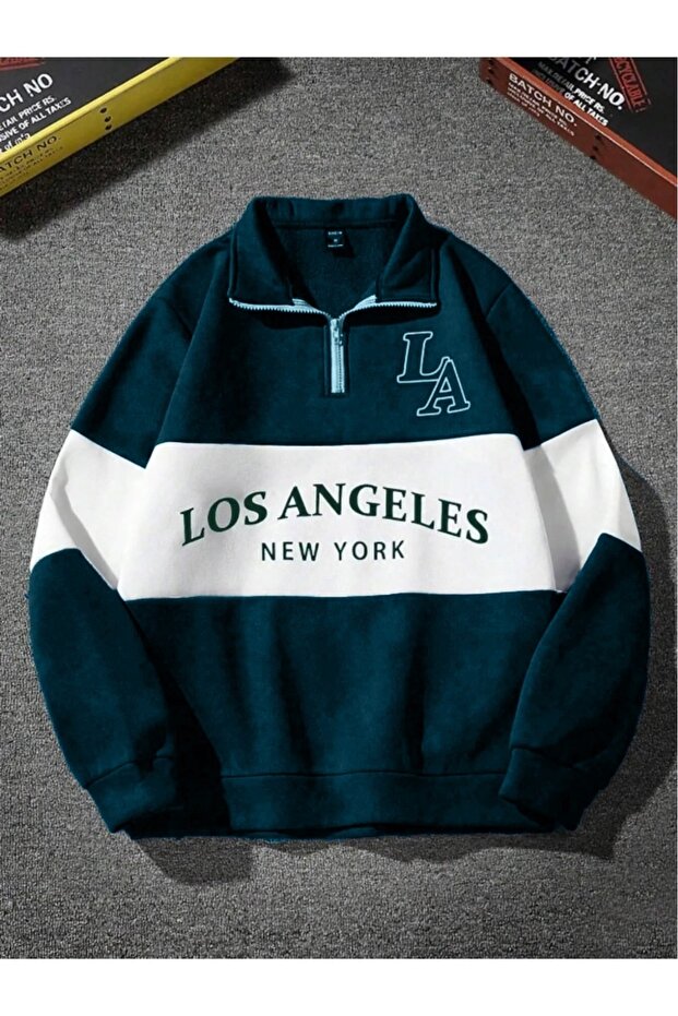 Unisex Petrol Blue Los Angeles Printed Oversize Piece Polo Collar Zippered Sweatshirt