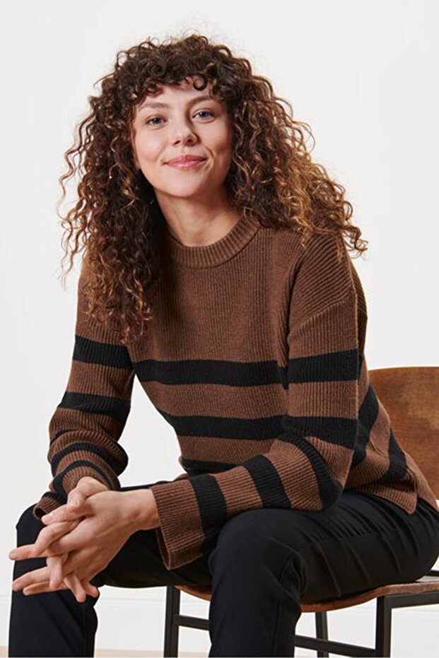 Women Stipe Long Sleeve Sweater, Brown