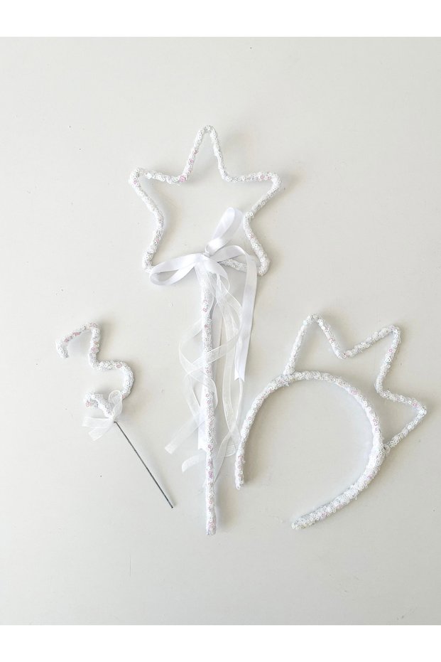 Sequin Sequin Girl Crown Star Wand Scepter and 3 Year Old Cake Decoration Birthday Ornament Set - White Hologram