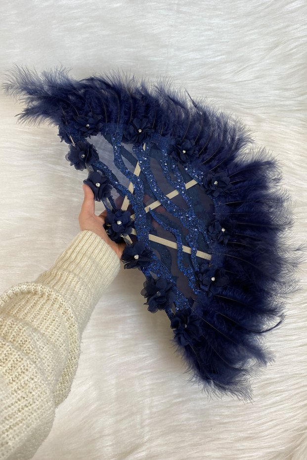 Navy Blue Bridal Fan, Henna Fan with Wooden Feather Lace and 3D Flower Embellishment, Large Size Fan