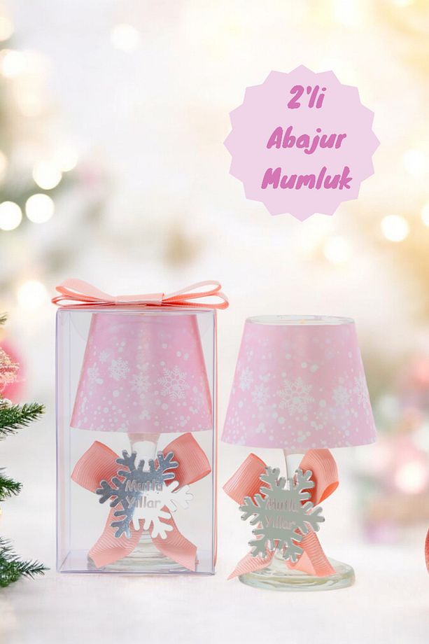 Yılbaşı Kar Tanesi Konseptli Hediyelik Pudra Rengi Abajur Mumluk Seti 2 Adet - 1