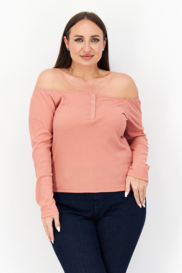 Women Off The Shoulder Neck Long Sleeves Button Top, Dusty Pink