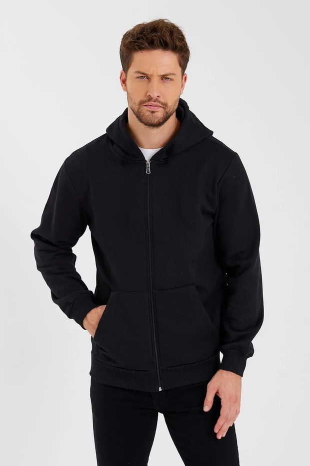 Men's Interlock Two Thread Trend Hooded Comfortable Seasonal Zip-Up Cardigan