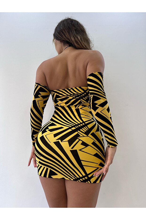 Sarı Flog Baskılı Mini Elbise - 3