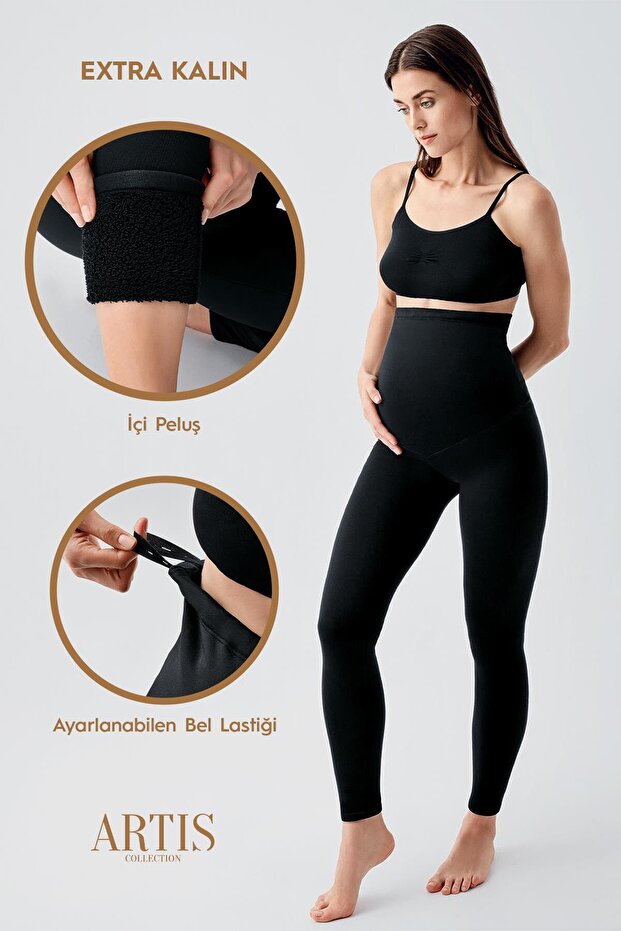 Надзвичайно щільні та еластичні короткі теплі легінси для вагітних з плюшевою внутрішньою частиною та регульованою талією - 1