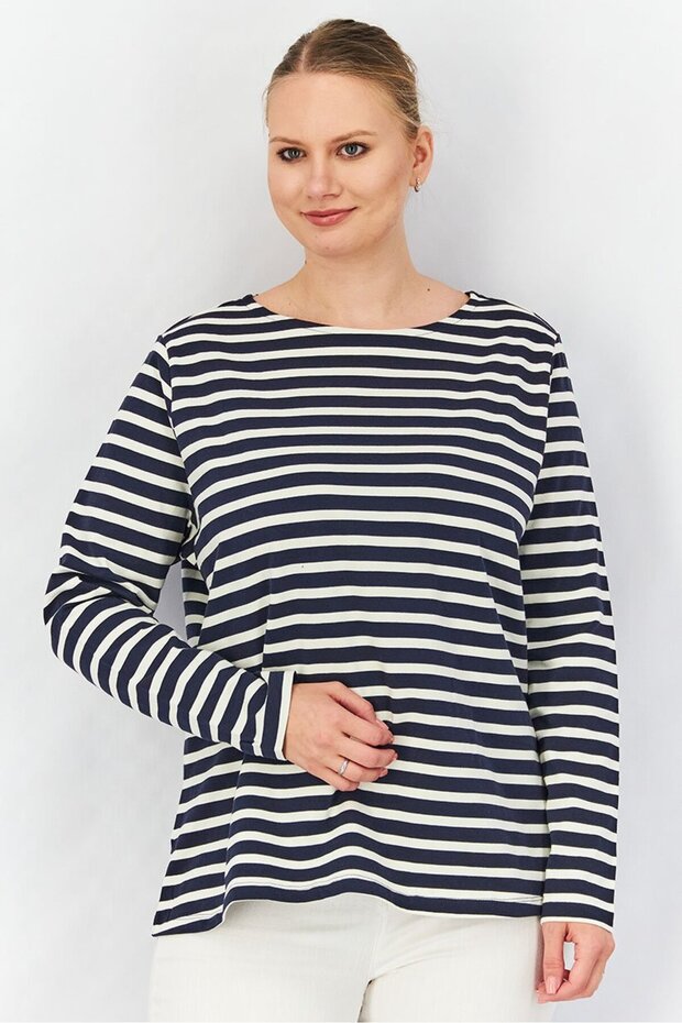 Women Round Neck Long Sleeves Stripe Top, Navy