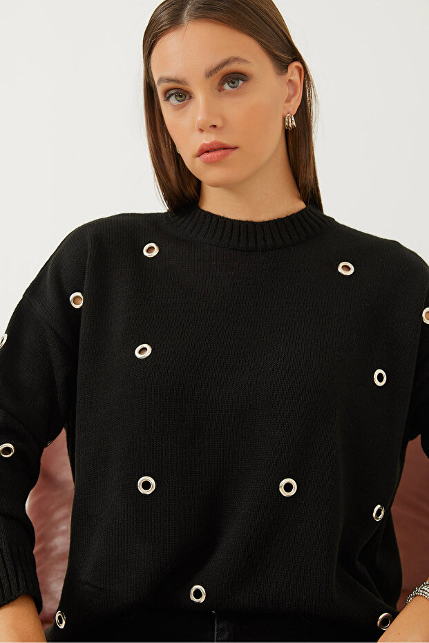Women's Black Metal Ring Patterned Knitwear Sweater 20234255