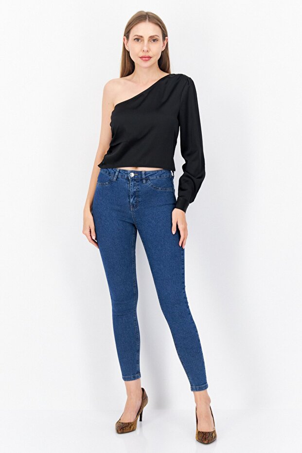 Women Asymmetrical Neckline One Shoulder Solid Top, Black - 3