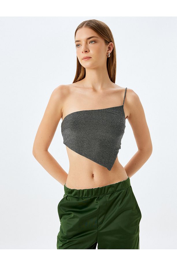 X Inji - Crop Simli Tek Omuz Asimetrik Kesim Slim Fit Bluz - 3