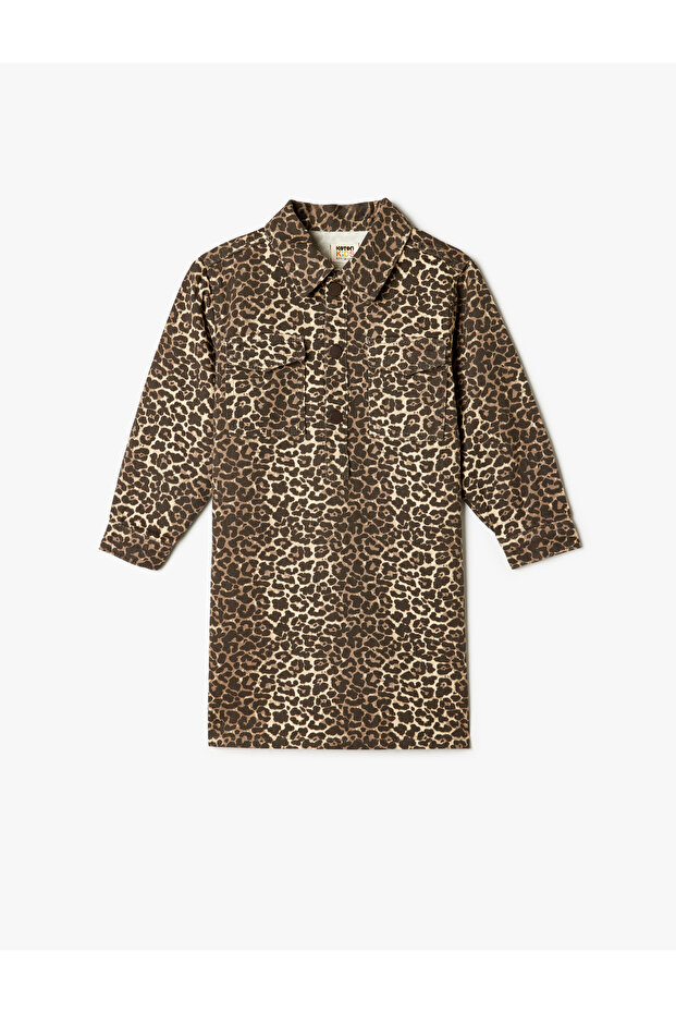 Shirt Collar Dress Leopard Printed Long Sleeve Pocket Detailed Cotton