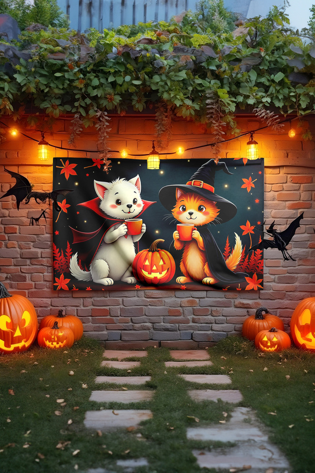 Halloween Wall Tapestry with Coffee Drinking Cat